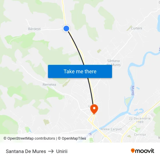 Santana De Mures to Unirii map