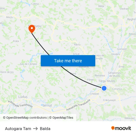 Autogara Tam to Balda map