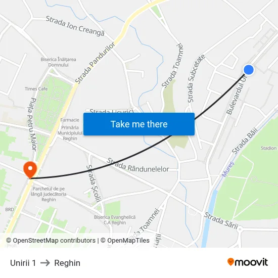 Unirii 1 to Reghin map