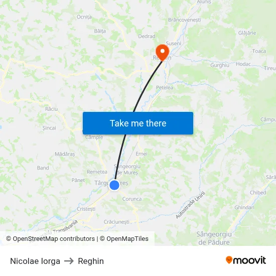 Nicolae Iorga to Reghin map