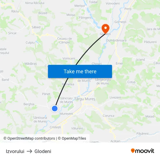 Izvorului to Glodeni map