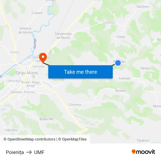 Poienița to UMF map