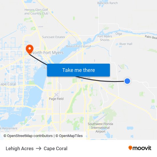 Lehigh Acres to Cape Coral map