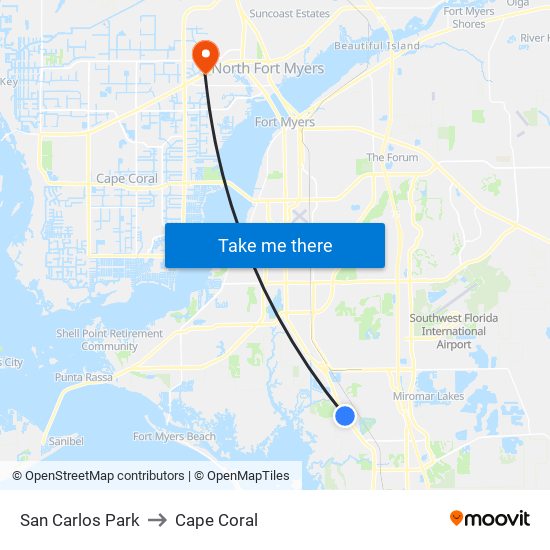 San Carlos Park to Cape Coral map