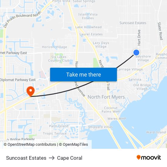 Suncoast Estates to Cape Coral map