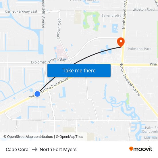 Cape Coral to North Fort Myers map