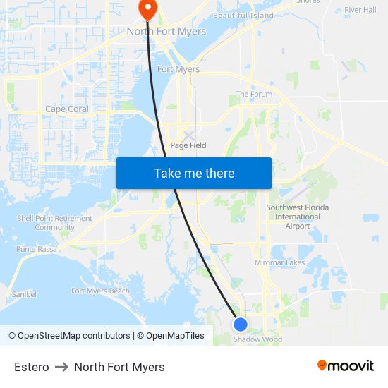 Estero to North Fort Myers map