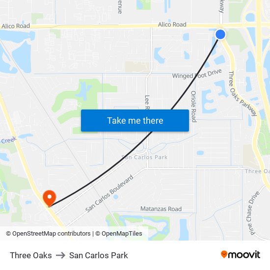 Three Oaks to San Carlos Park map