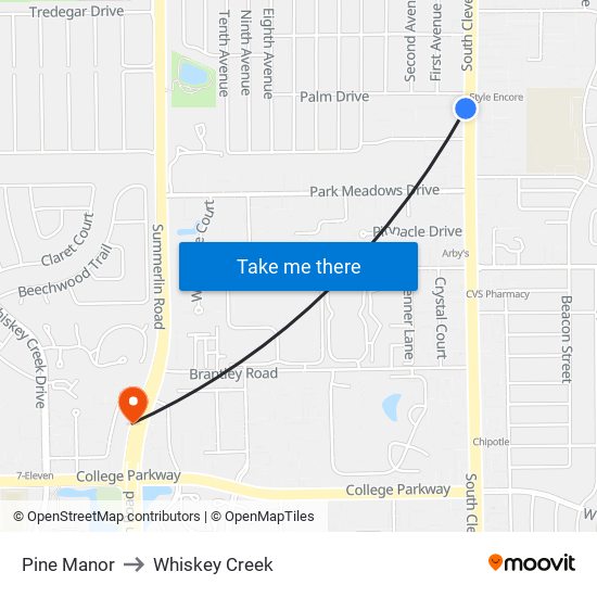 Pine Manor to Whiskey Creek map