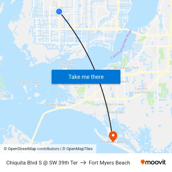 Chiquita Blvd S @ SW 39th Ter to Fort Myers Beach map