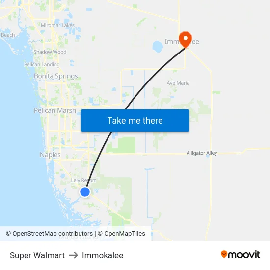 Super Walmart to Immokalee map