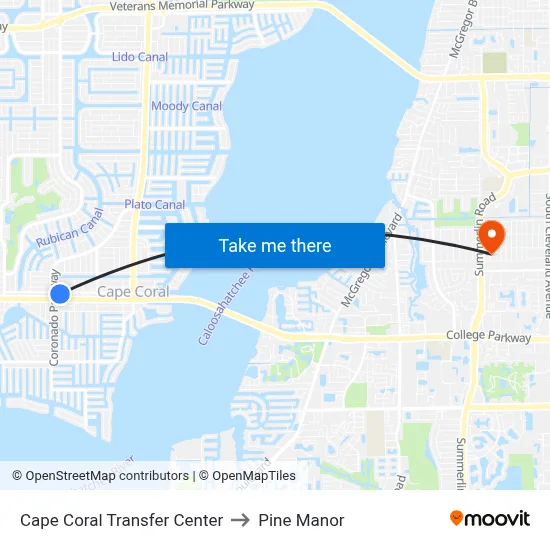 Cape Coral Transfer Center to Pine Manor map