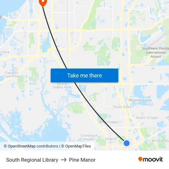 South Regional Library to Pine Manor map