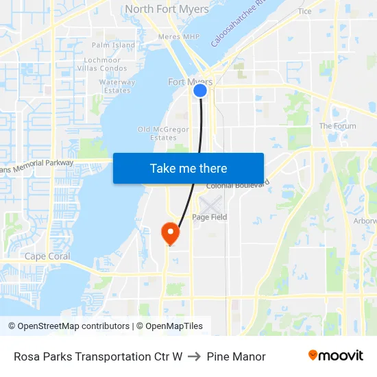 Rosa Parks Transportation Ctr W to Pine Manor map