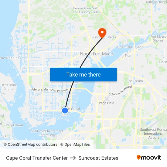 Cape Coral Transfer Center to Suncoast Estates map