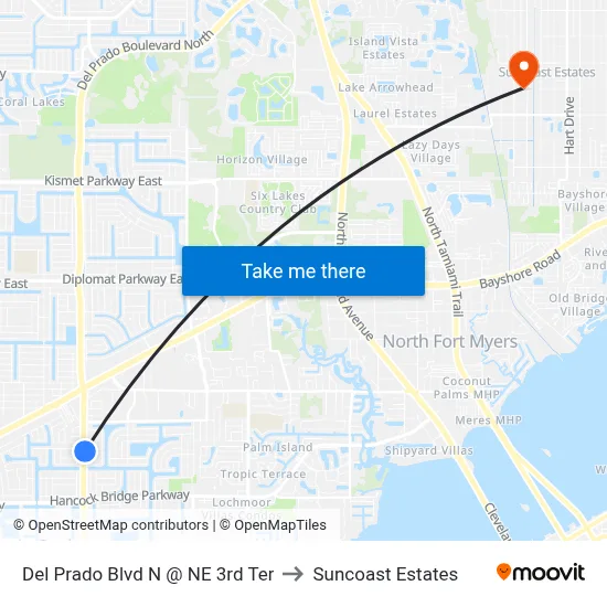 Del Prado Blvd N @ NE 3rd Ter to Suncoast Estates map