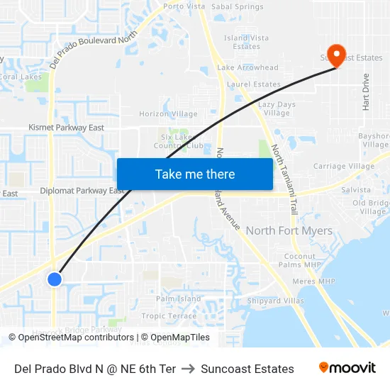 Del Prado Blvd N @ NE 6th Ter to Suncoast Estates map