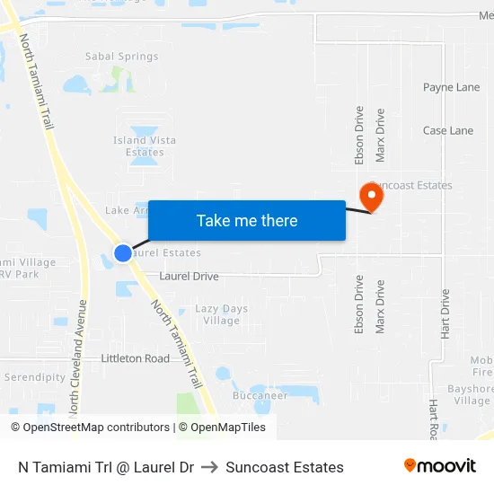 N Tamiami Trl @ Laurel Dr to Suncoast Estates map