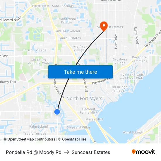 Pondella Rd @ Moody Rd to Suncoast Estates map