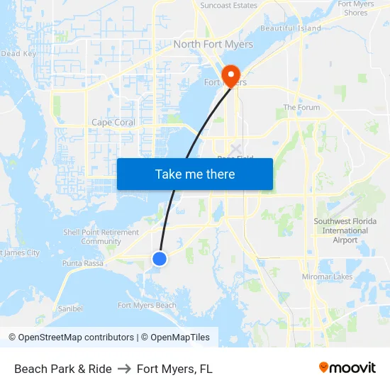 Beach Park & Ride to Fort Myers, FL map