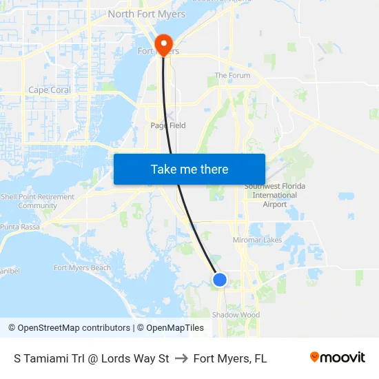 S Tamiami Trl @ Lords Way St to Fort Myers, FL map