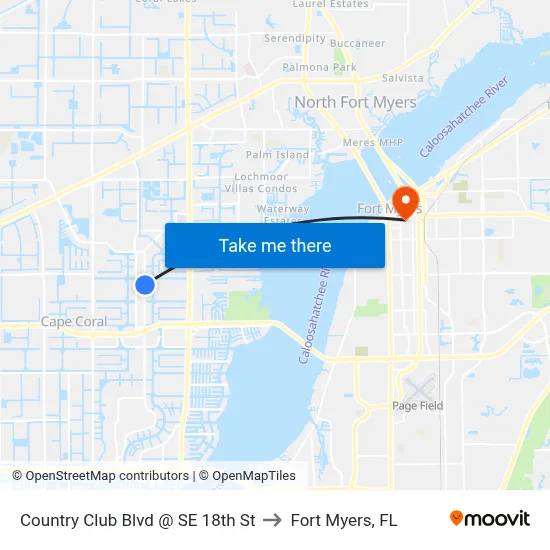 Country Club Blvd @ SE 18th St to Fort Myers, FL map