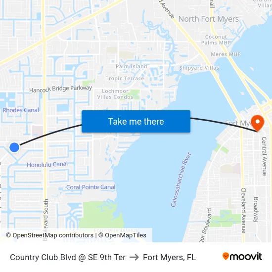 Country Club Blvd @ SE 9th Ter to Fort Myers, FL map