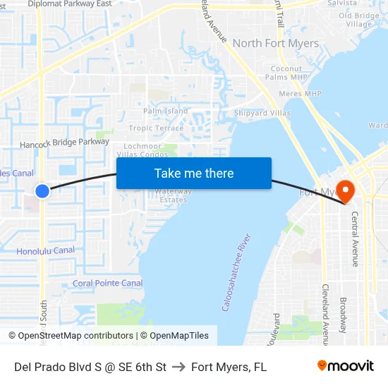 Del Prado Blvd S @ SE 6th St to Fort Myers, FL map