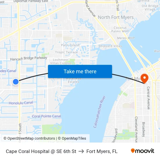 Cape Coral Hospital @ SE 6th St to Fort Myers, FL map