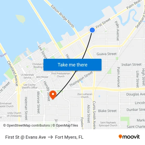 First St @ Evans Ave to Fort Myers, FL map