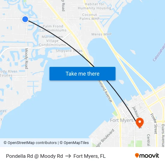 Pondella Rd @ Moody Rd to Fort Myers, FL map