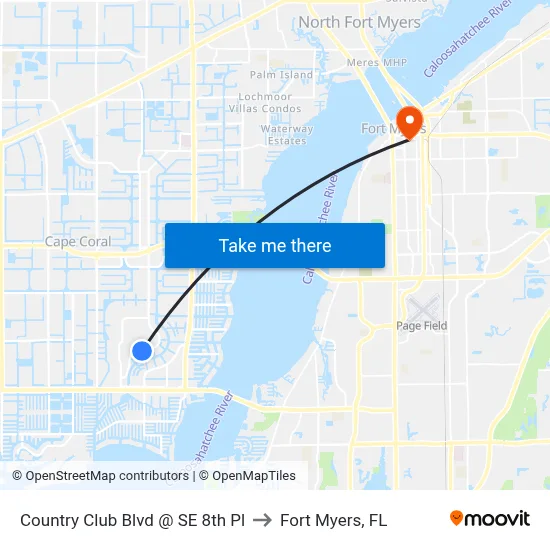 Country Club Blvd @ SE 8th Pl to Fort Myers, FL map