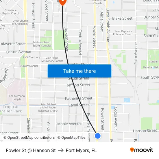 Fowler St @ Hanson St to Fort Myers, FL map