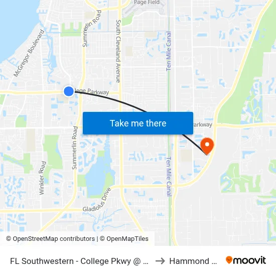 FL Southwestern - College Pkwy @ Whiskey Creek Dr to Hammond Stadium map