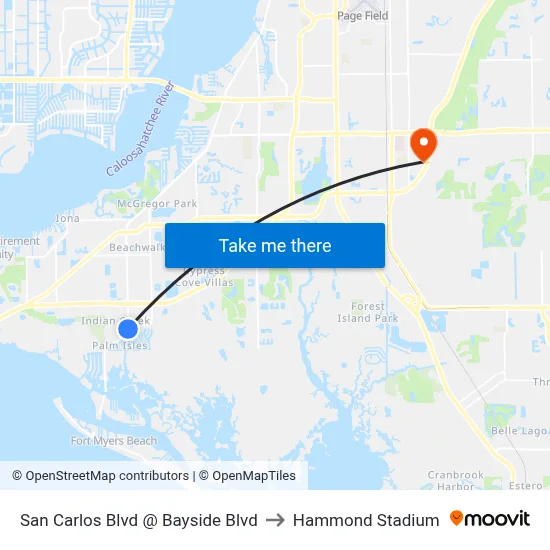 San Carlos Blvd @ Bayside Blvd to Hammond Stadium map