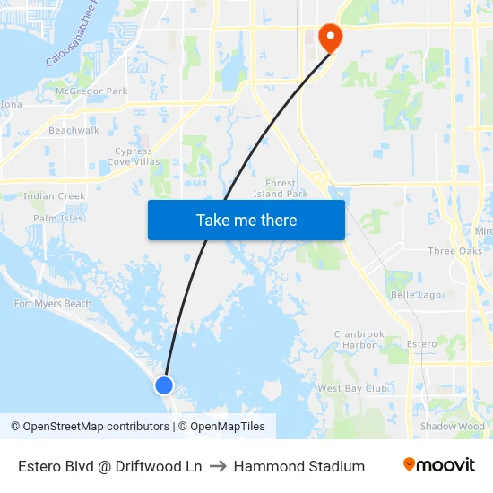 Estero Blvd @ Driftwood Ln to Hammond Stadium map