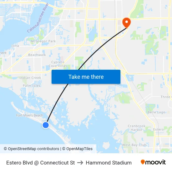 Estero Blvd @ Connecticut St to Hammond Stadium map