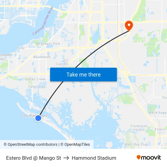 Estero Blvd @ Mango St to Hammond Stadium map