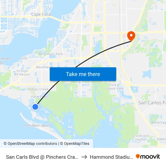 San Carls Blvd @ Pinchers Crabs to Hammond Stadium map