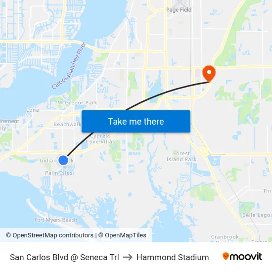 San Carlos Blvd @ Seneca Trl to Hammond Stadium map