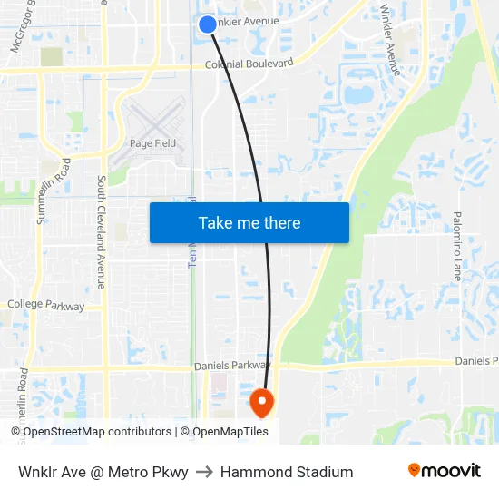Wnklr Ave @ Metro Pkwy to Hammond Stadium map