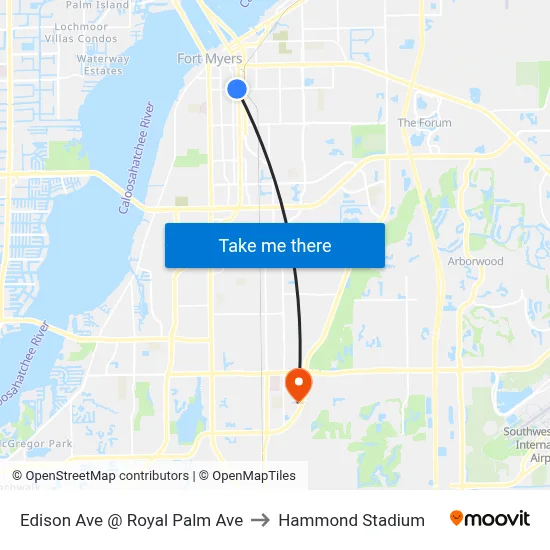 Edison Ave @ Royal Palm Ave to Hammond Stadium map