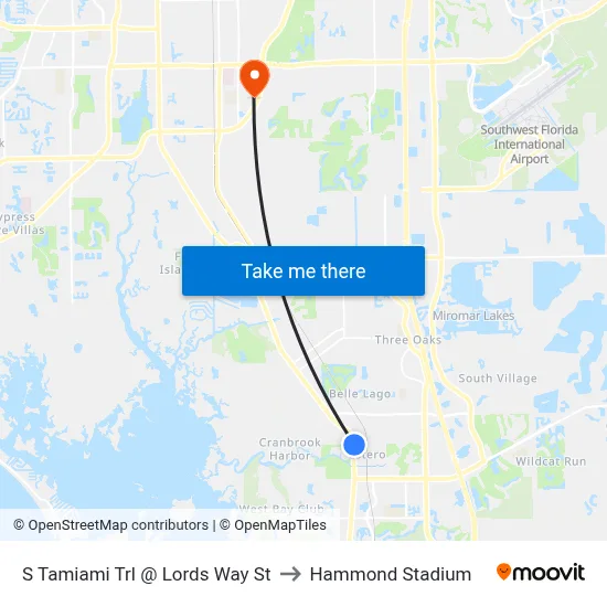 S Tamiami Trl @ Lords Way St to Hammond Stadium map