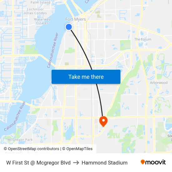W First St @ Mcgregor Blvd to Hammond Stadium map