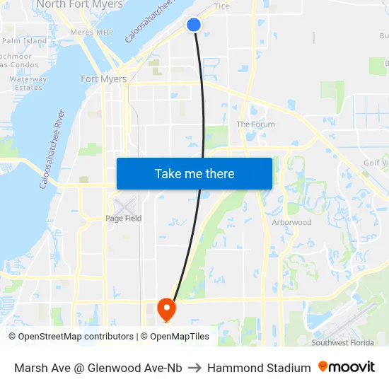 Marsh Ave @ Glenwood Ave-Nb to Hammond Stadium map