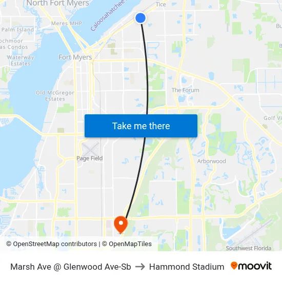 Marsh Ave @ Glenwood Ave-Sb to Hammond Stadium map