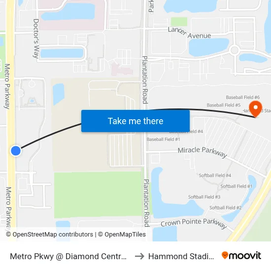 Metro Pkwy @ Diamond Centre Ct to Hammond Stadium map