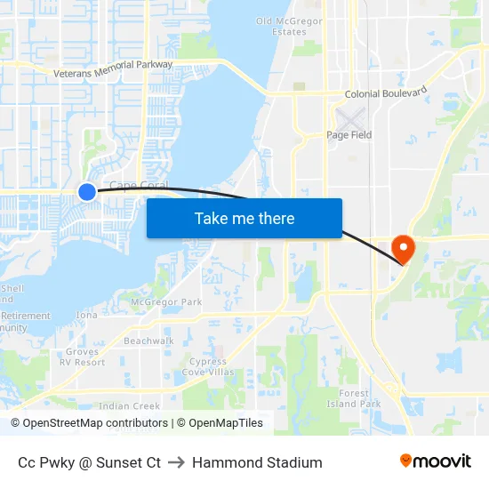 Cc Pwky @ Sunset Ct to Hammond Stadium map