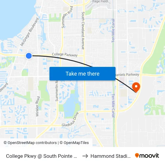 College Pkwy @ South Pointe Blvd to Hammond Stadium map