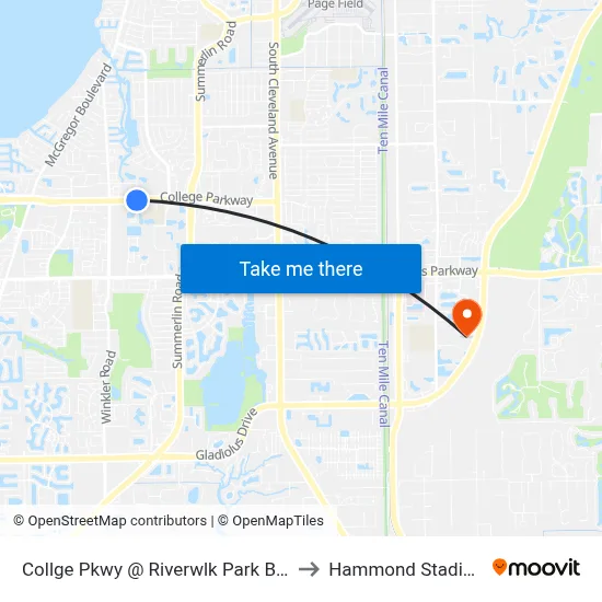 Collge Pkwy @ Riverwlk Park Blvd to Hammond Stadium map